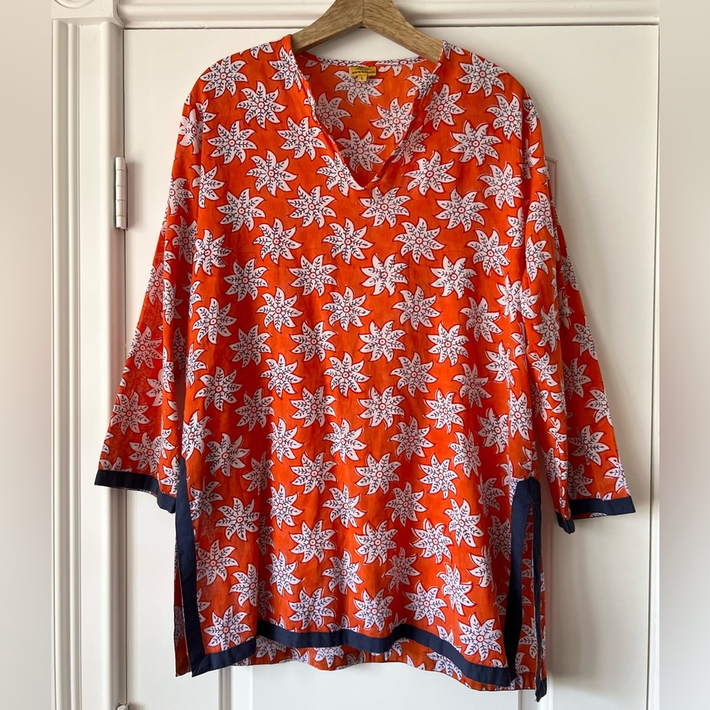 Roberta Roller Ranbit Dark Orange Tunic Top with Navy Trim
